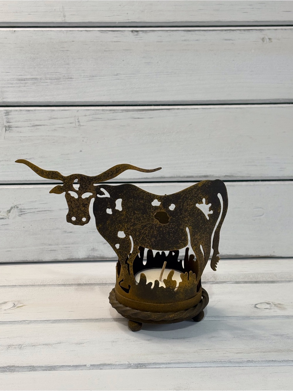 Rustic Longhorn Candle/tea light Holder - Brown